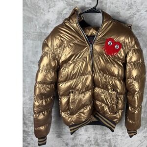 Reelistik Mens M Gold Metallic Puffer Bomber Jacket Rare Heart $ Eyes Streetwear